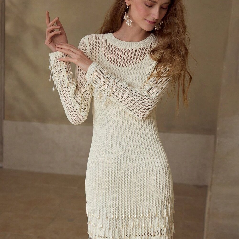 Women's Scorpio Beaded Fringe Sheer long sleeved crochet knit Sweater Dress - Picture 5 of 7